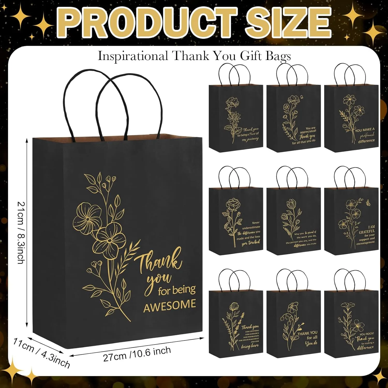 Kolldenn 50 Pcs Thank You Gifts Bags Employee Appreciation Pape Bags Bulk 8.27x4.33x10.63 '' for Teachers Administrative Professionals Day Volunteer Week Nurse CNA Week Inspirational Gift(Black)