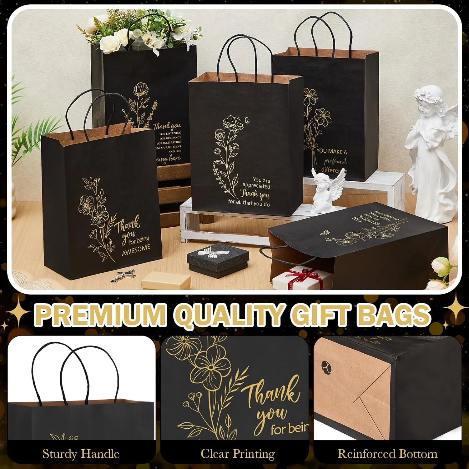 Kolldenn 50 Pcs Thank You Gifts Bags Employee Appreciation Pape Bags Bulk 8.27x4.33x10.63 '' for Teachers Administrative Professionals Day Volunteer Week Nurse CNA Week Inspirational Gift(Black)