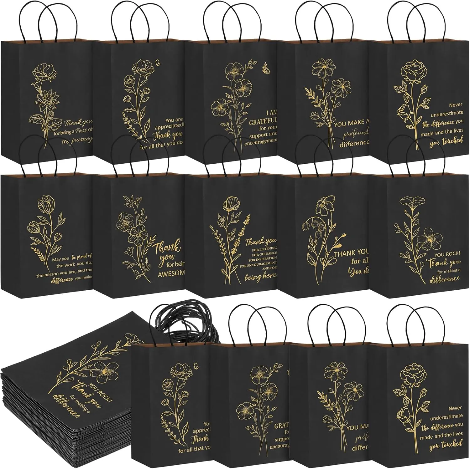 Kolldenn 50 Pcs Thank You Gifts Bags Employee Appreciation Pape Bags Bulk 8.27x4.33x10.63 '' for Teachers Administrative Professionals Day Volunteer Week Nurse CNA Week Inspirational Gift(Black)