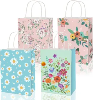 Konsait 16 Pack Floral Gift Bags, Pink and Blue Wildflower Goodie Bags with Handle, Paper Flower Bag for Birthday Anniversary Mothers Day Gathering Greeting and More