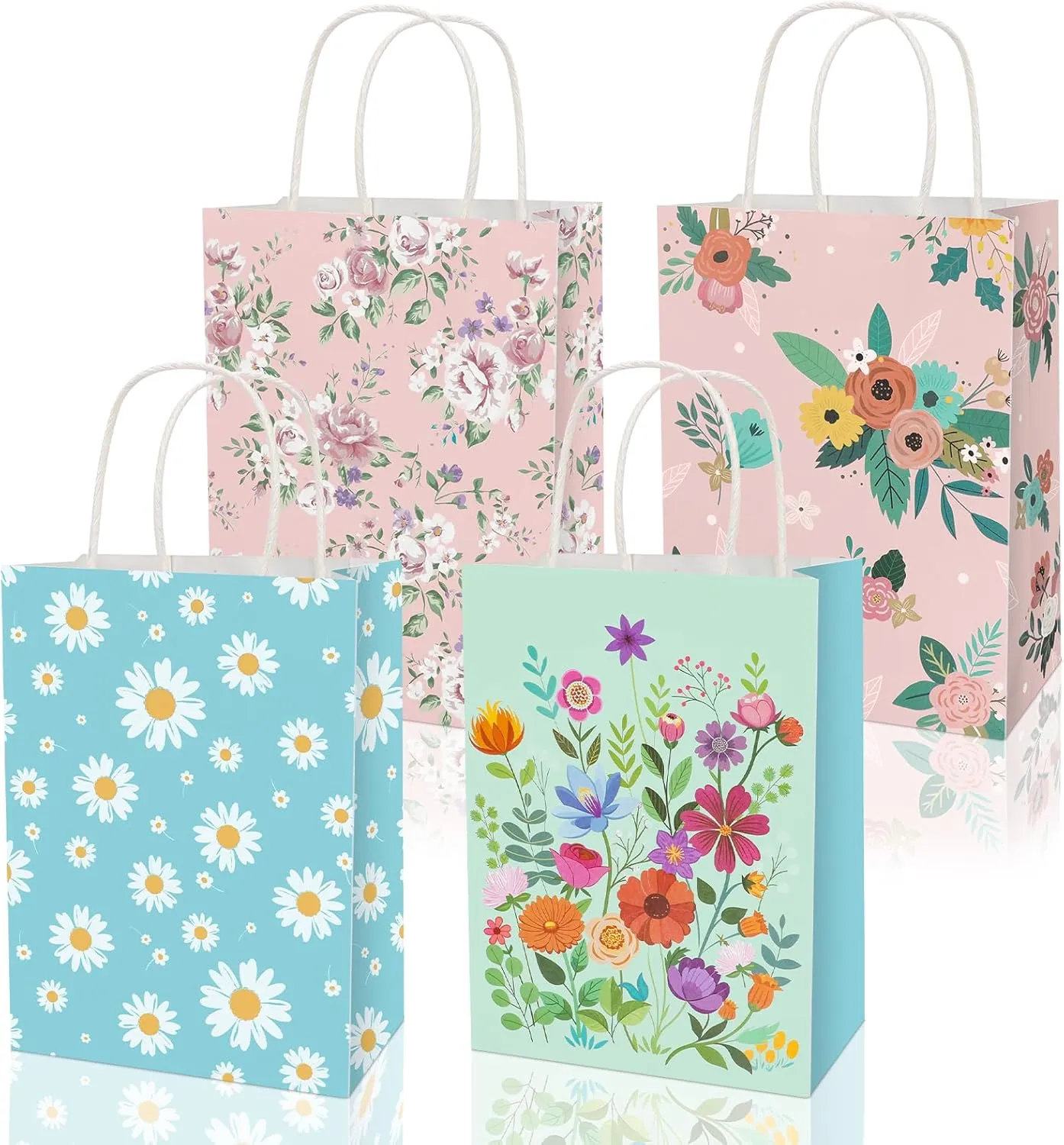 Konsait 16 Pack Floral Gift Bags, Pink and Blue Wildflower Goodie Bags with Handle, Paper Flower Bag for Birthday Anniversary Mothers Day Gathering Greeting and More