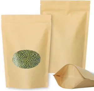 Kraft Stand Up bags with Window - SumDirect 50Pcs 6x8.6 inches Brown Food Storage Bags, Reusable Sealing Stand Up Pouches Zipper Lock for Storing