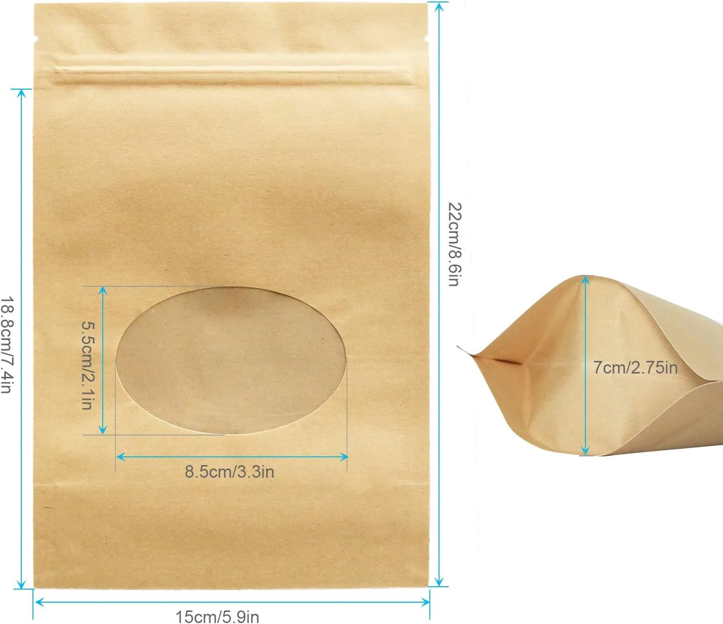 Kraft Stand Up bags with Window - SumDirect 50Pcs 6x8.6 inches Brown Food Storage Bags, Reusable Sealing Stand Up Pouches Zipper Lock for Storing