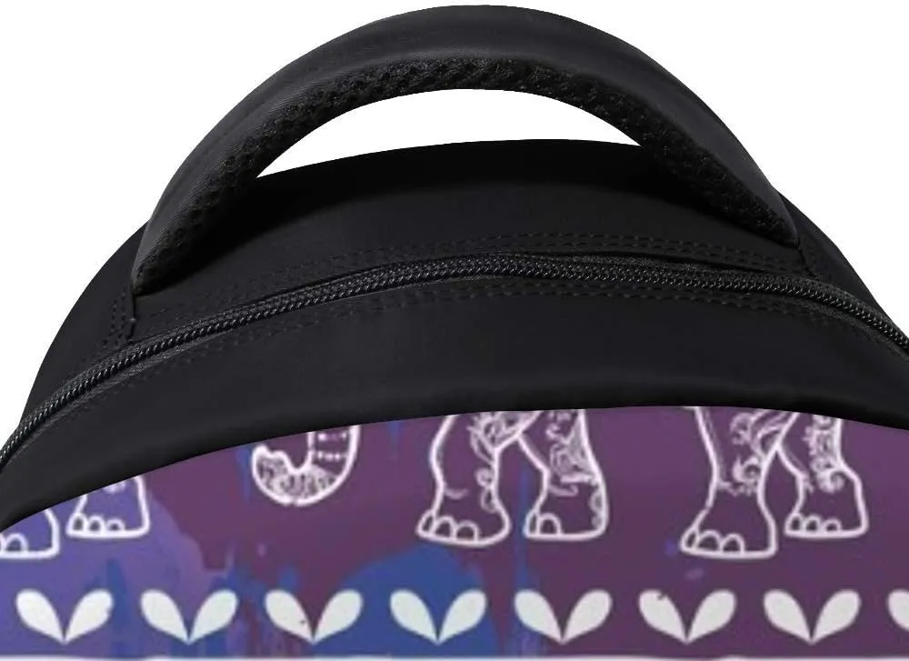 Kuizee Classic Backpack Schoolbag Adjustable Padded Shoulder Straps Daypack ﻿Purple Ethnic Folk Elephant Casual Bags Durable College Daily 16Inch