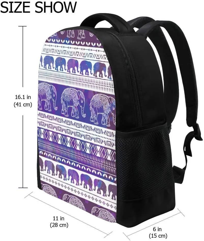 Kuizee Classic Backpack Schoolbag Adjustable Padded Shoulder Straps Daypack ﻿Purple Ethnic Folk Elephant Casual Bags Durable College Daily 16Inch