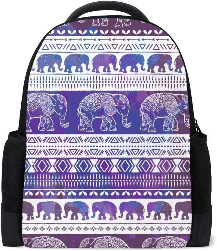 Kuizee Classic Backpack Schoolbag Adjustable Padded Shoulder Straps Daypack ﻿Purple Ethnic Folk Elephant Casual Bags Durable College Daily 16Inch