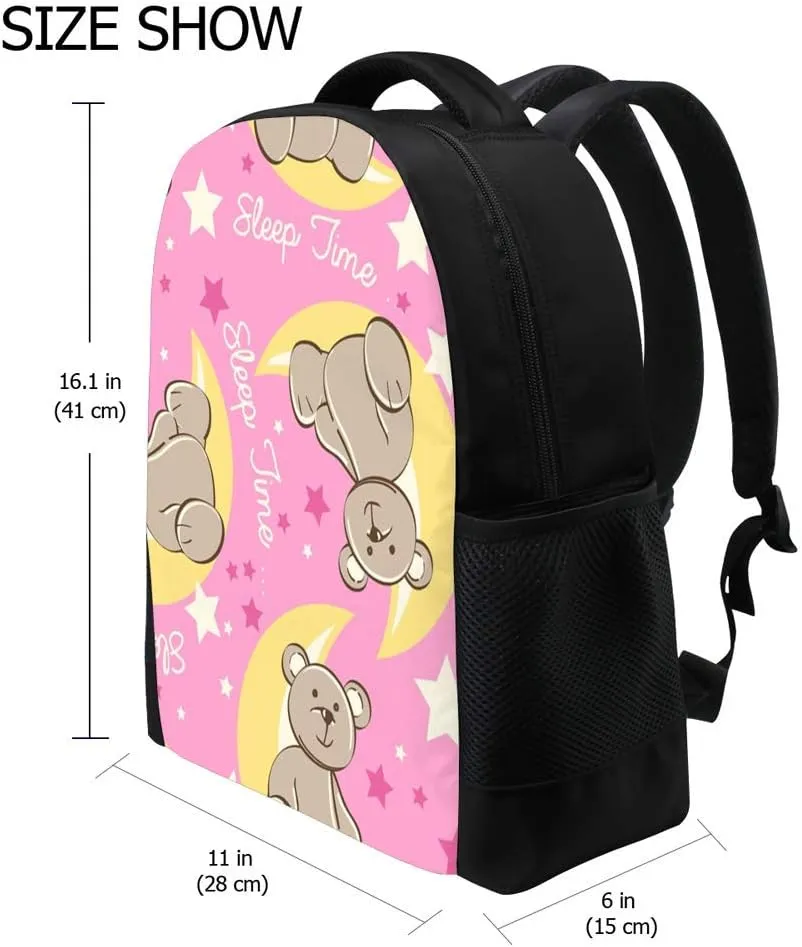 Kuizee Classic Backpack Schoolbag Adjustable Padded Shoulder Straps Daypack ﻿Sleep Time Bear Sitting On Moon Pink Casual Bags Durable College Daily 16Inch