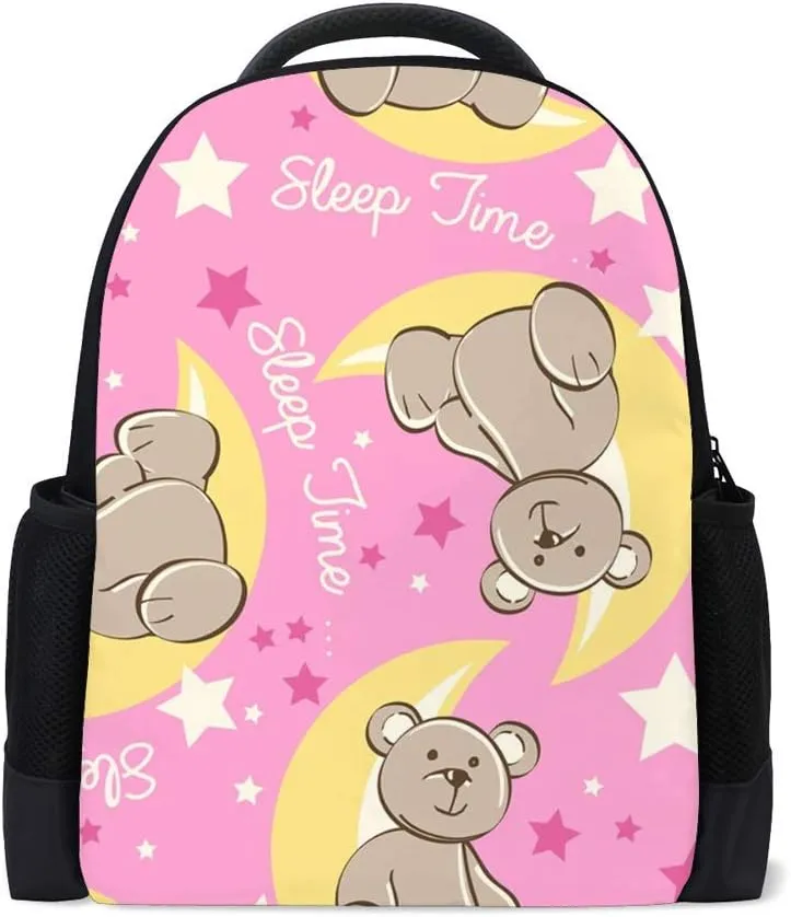 Kuizee Classic Backpack Schoolbag Adjustable Padded Shoulder Straps Daypack ﻿Sleep Time Bear Sitting On Moon Pink Casual Bags Durable College Daily 16Inch