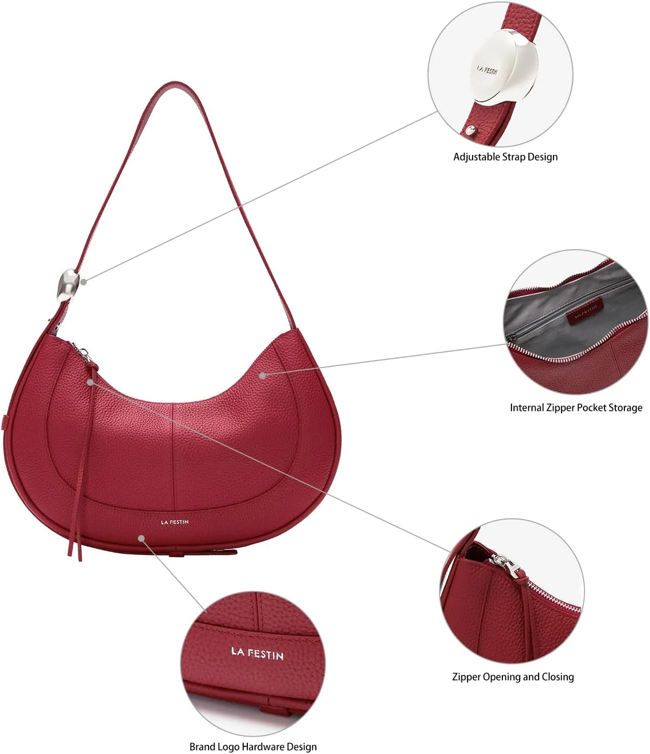 LAFESTIN Shoulder Bag for Women with Adjustable Strap Split Leather Crescent Crossbody Bags, Designer Trendy Satchel Purses