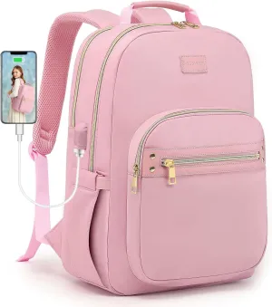 Laptop Backpack for Women Bookbag Cute Pink School Backpack for Teen Girls Nurse Bags Work Backpack Teacher Back Pack Waterproof 15.6 inch with USB Charging Port