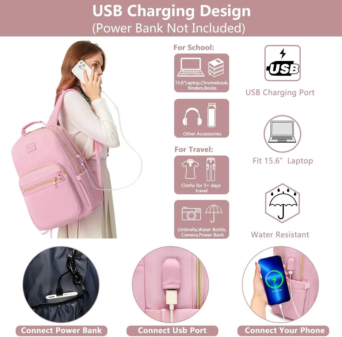 Laptop Backpack for Women Bookbag Cute Pink School Backpack for Teen Girls Nurse Bags Work Backpack Teacher Back Pack Waterproof 15.6 inch with USB Charging Port