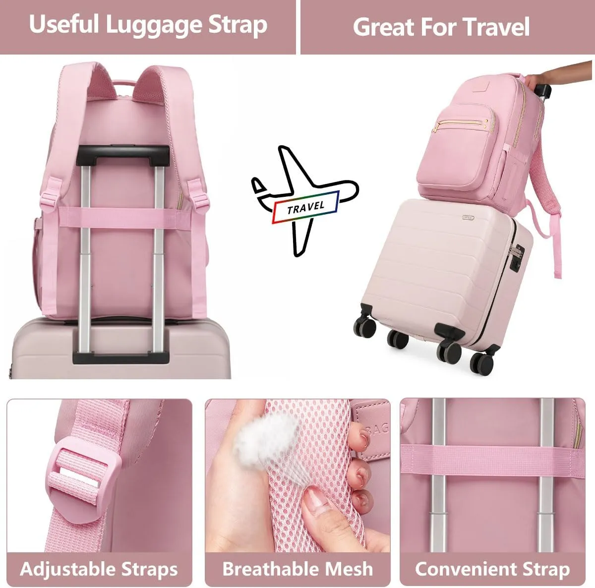 Laptop Backpack for Women Bookbag Cute Pink School Backpack for Teen Girls Nurse Bags Work Backpack Teacher Back Pack Waterproof 15.6 inch with USB Charging Port