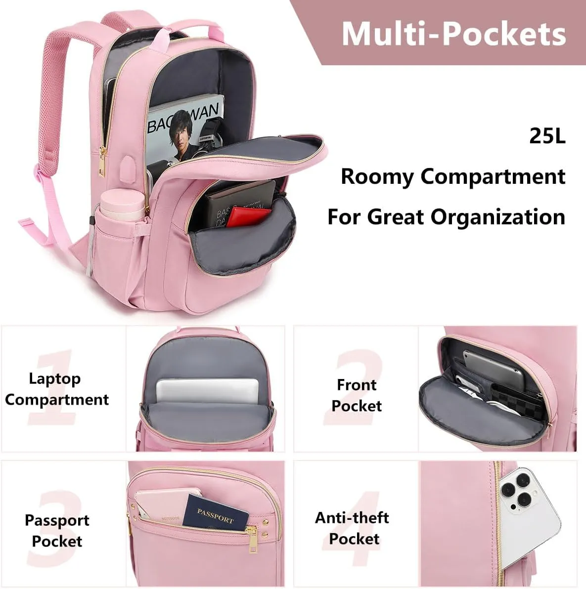 Laptop Backpack for Women Bookbag Cute Pink School Backpack for Teen Girls Nurse Bags Work Backpack Teacher Back Pack Waterproof 15.6 inch with USB Charging Port