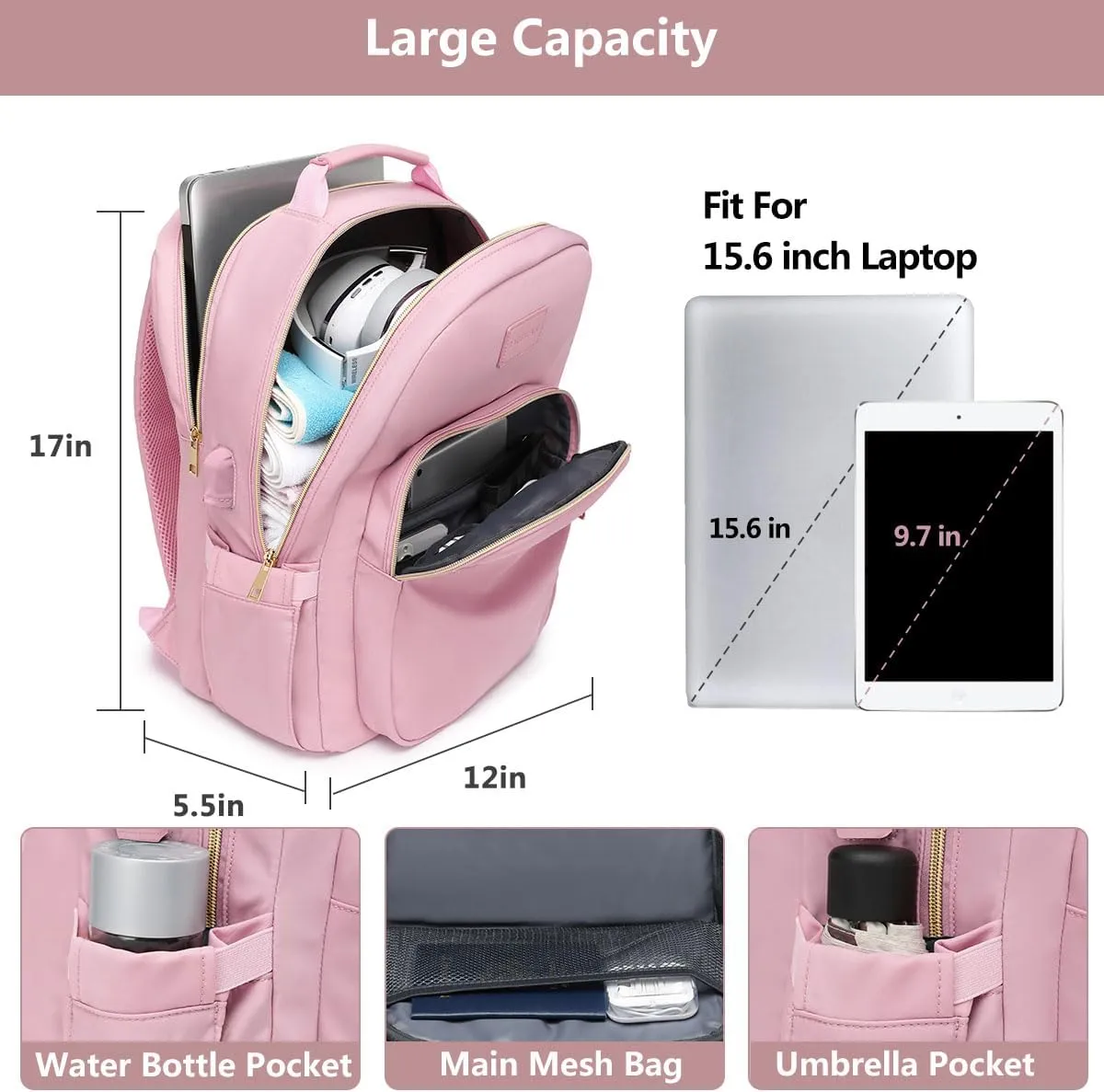 Laptop Backpack for Women Bookbag Cute Pink School Backpack for Teen Girls Nurse Bags Work Backpack Teacher Back Pack Waterproof 15.6 inch with USB Charging Port