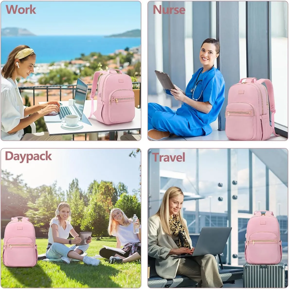 Laptop Backpack for Women Bookbag Cute Pink School Backpack for Teen Girls Nurse Bags Work Backpack Teacher Back Pack Waterproof 15.6 inch with USB Charging Port