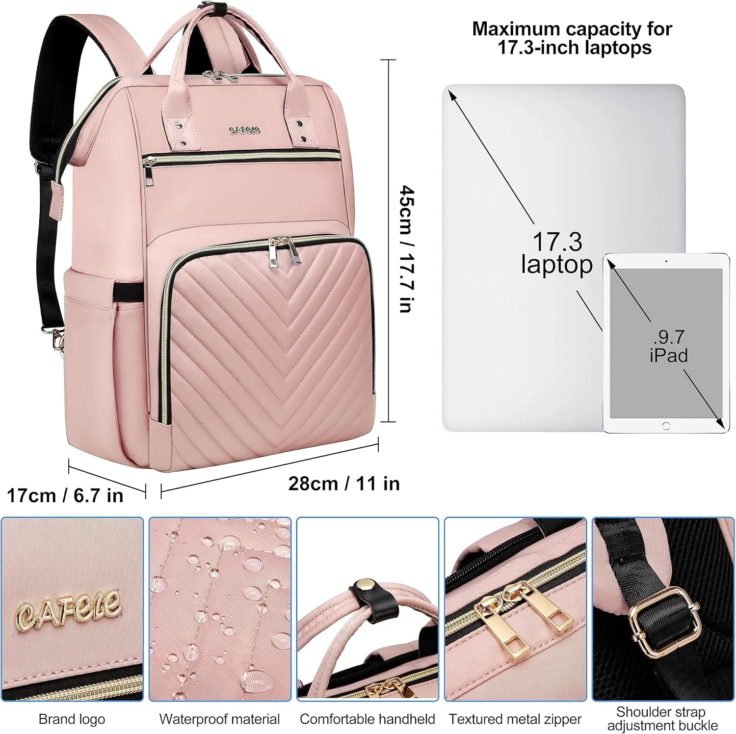 Laptop Backpack for Women, Work Business Travel Computer Bags, Teacher Backpack for Womens, Quilted Pink Casual College Daypack with USB Port, Fit 17.3 Inch Laptop