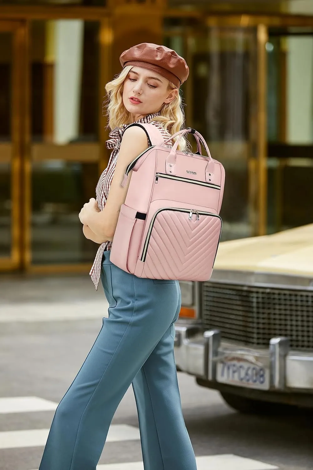 Laptop Backpack for Women, Work Business Travel Computer Bags, Teacher Backpack for Womens, Quilted Pink Casual College Daypack with USB Port, Fit 17.3 Inch Laptop
