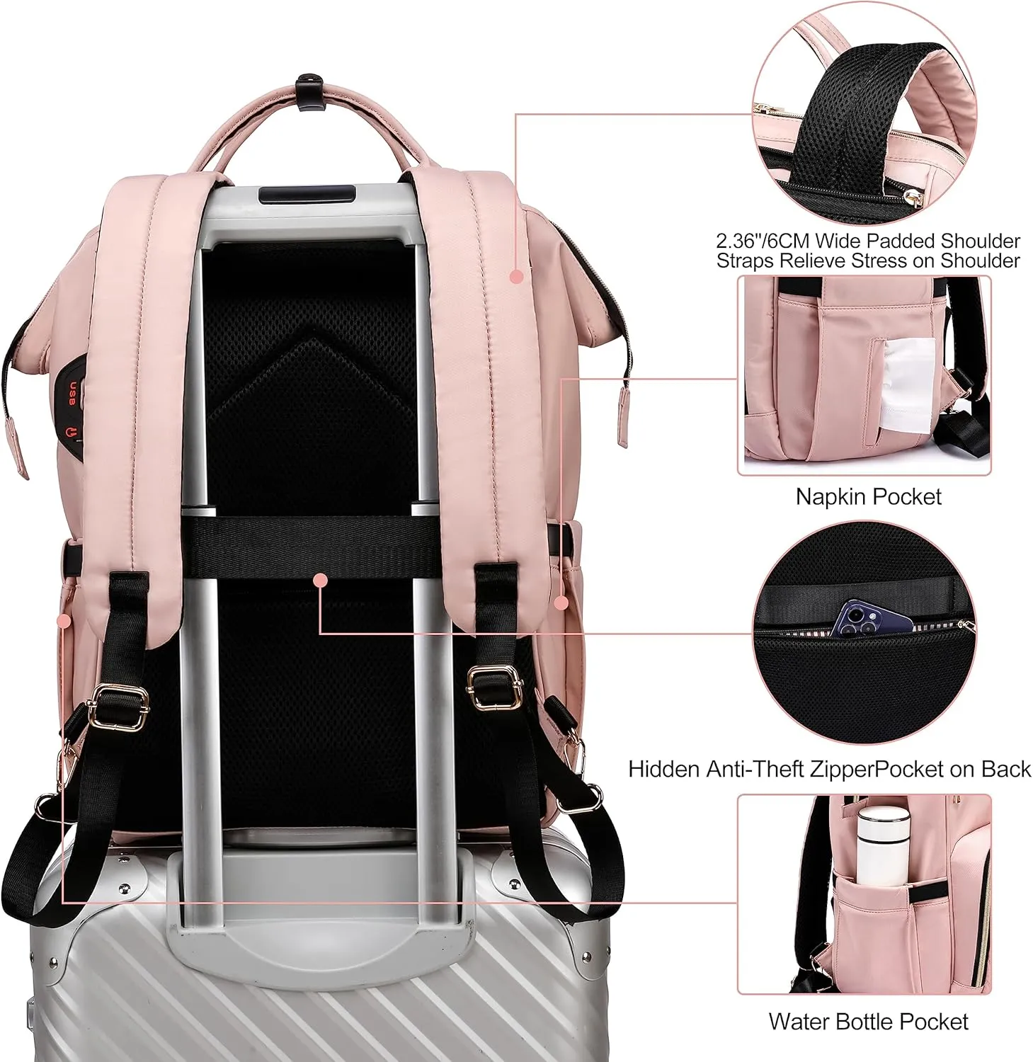 Laptop Backpack for Women, Work Business Travel Computer Bags, Teacher Backpack for Womens, Quilted Pink Casual College Daypack with USB Port, Fit 17.3 Inch Laptop