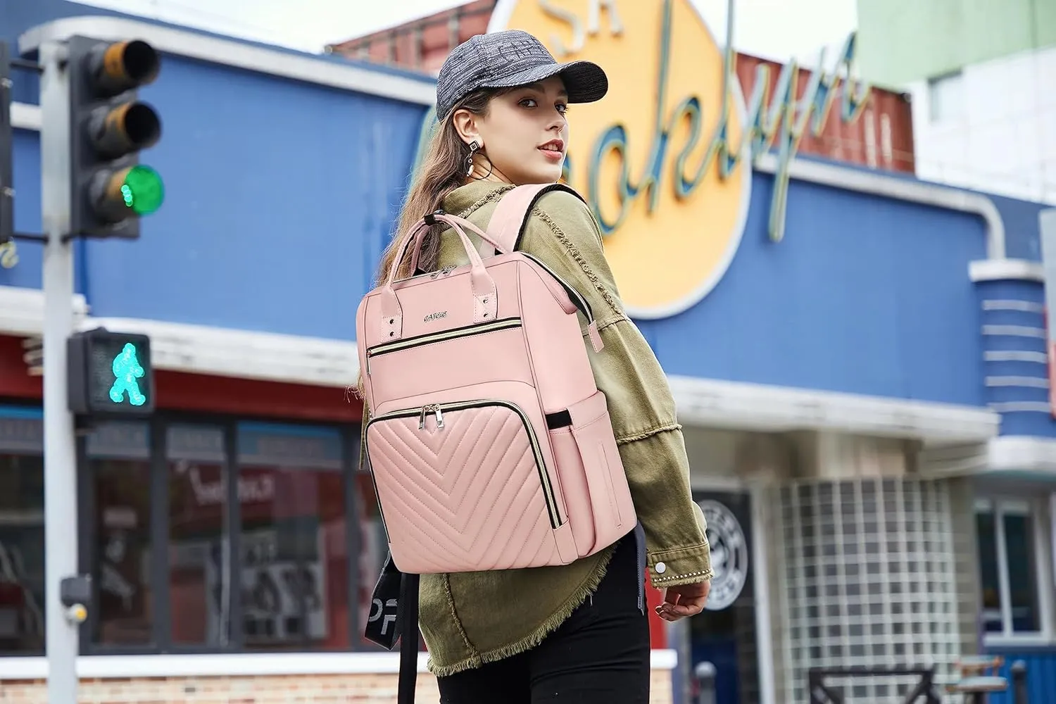 Laptop Backpack for Women, Work Business Travel Computer Bags, Teacher Backpack for Womens, Quilted Pink Casual College Daypack with USB Port, Fit 17.3 Inch Laptop