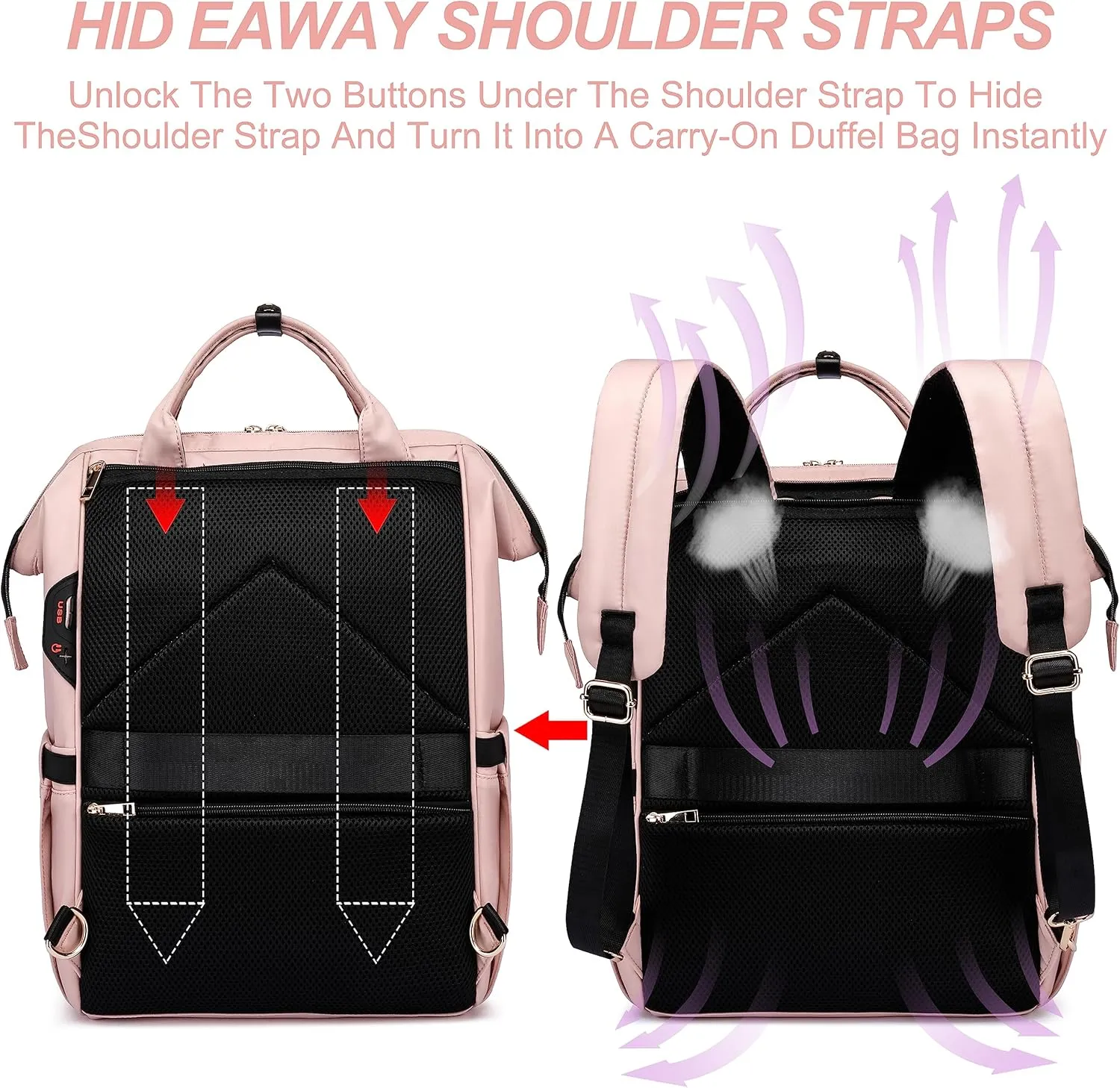 Laptop Backpack for Women, Work Business Travel Computer Bags, Teacher Backpack for Womens, Quilted Pink Casual College Daypack with USB Port, Fit 17.3 Inch Laptop