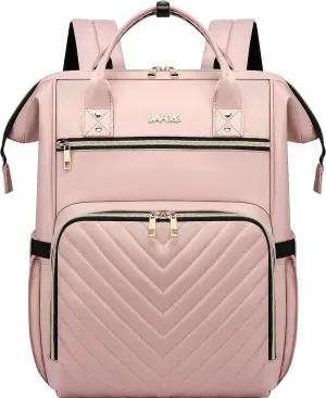 Laptop Backpack for Women, Work Business Travel Computer Bags, Teacher Backpack for Womens, Quilted Pink Casual College Daypack with USB Port, Fit 17.3 Inch Laptop