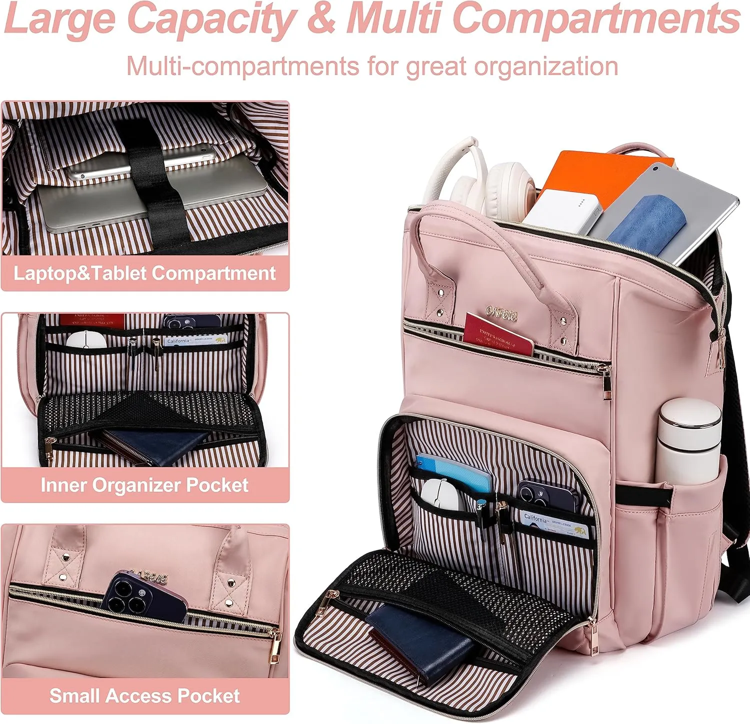 Laptop Backpack for Women, Work Business Travel Computer Bags, Teacher Backpack for Womens, Quilted Pink Casual College Daypack with USB Port, Fit 17.3 Inch Laptop