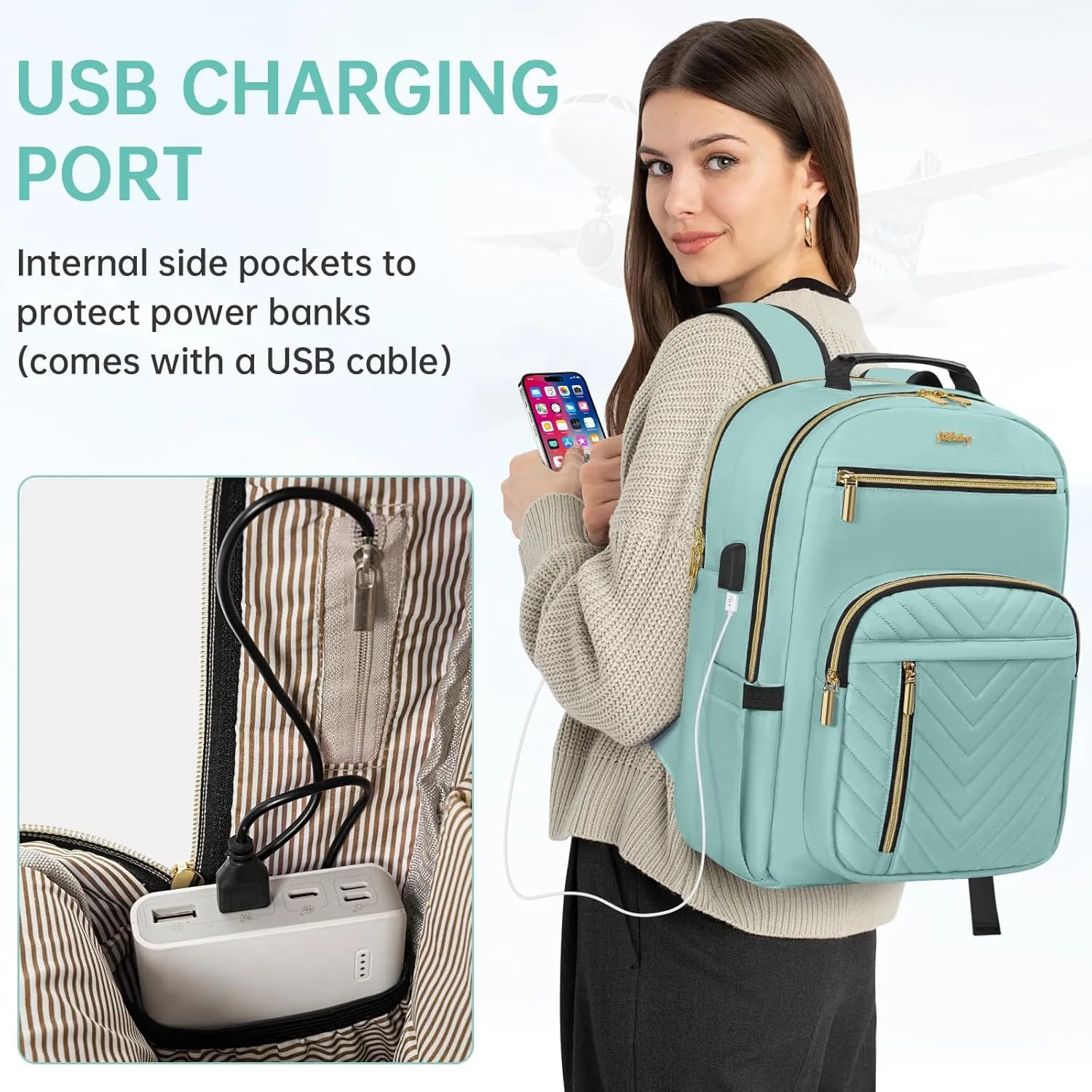 Laptop Backpack for Women, Work Travel Computer Bags, Quilted Casual Daypack with USB Port, Waterproof Computer Backpack Fit 15.6 Inch Laptop (Light Green)