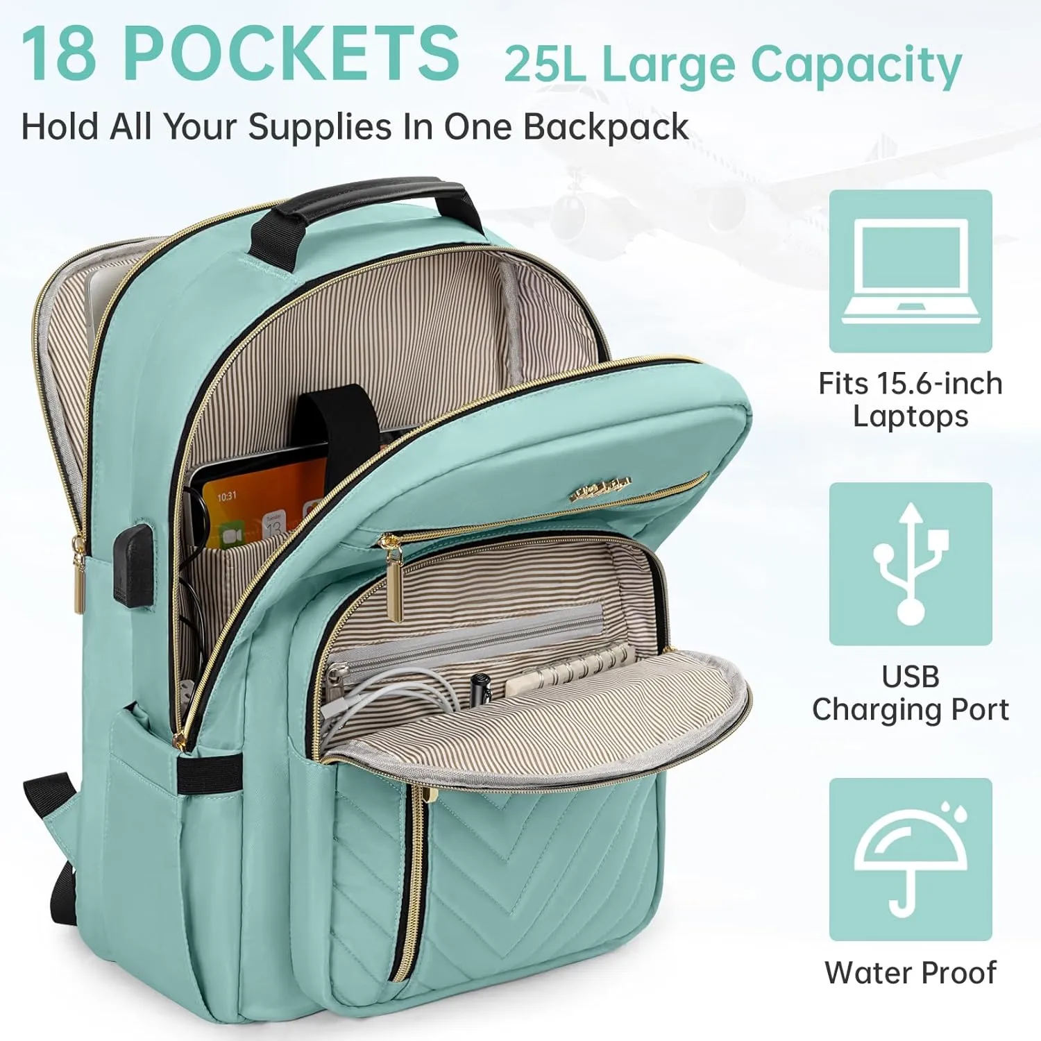 Laptop Backpack for Women, Work Travel Computer Bags, Quilted Casual Daypack with USB Port, Waterproof Computer Backpack Fit 15.6 Inch Laptop (Light Green)