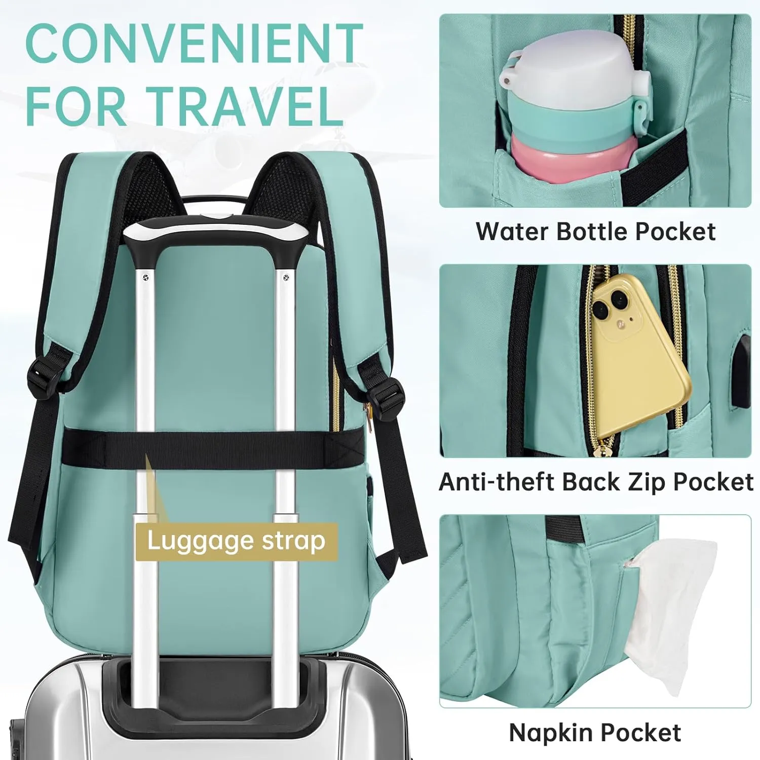 Laptop Backpack for Women, Work Travel Computer Bags, Quilted Casual Daypack with USB Port, Waterproof Computer Backpack Fit 15.6 Inch Laptop (Light Green)