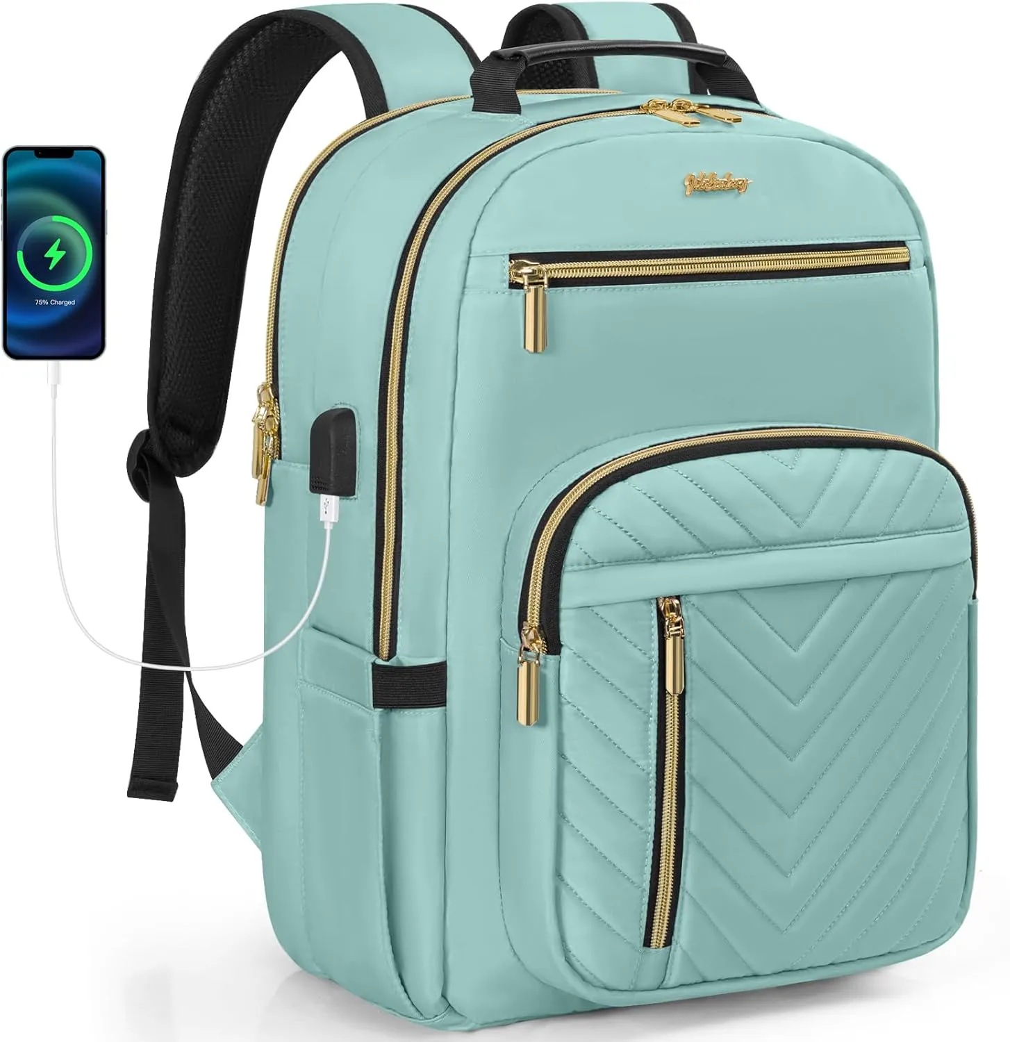 Laptop Backpack for Women, Work Travel Computer Bags, Quilted Casual Daypack with USB Port, Waterproof Computer Backpack Fit 15.6 Inch Laptop (Light Green)