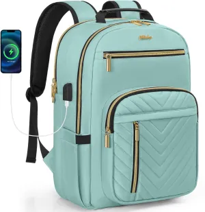 Laptop Backpack for Women, Work Travel Computer Bags, Quilted Casual Daypack with USB Port, Waterproof Computer Backpack Fit 15.6 Inch Laptop (Light Green)