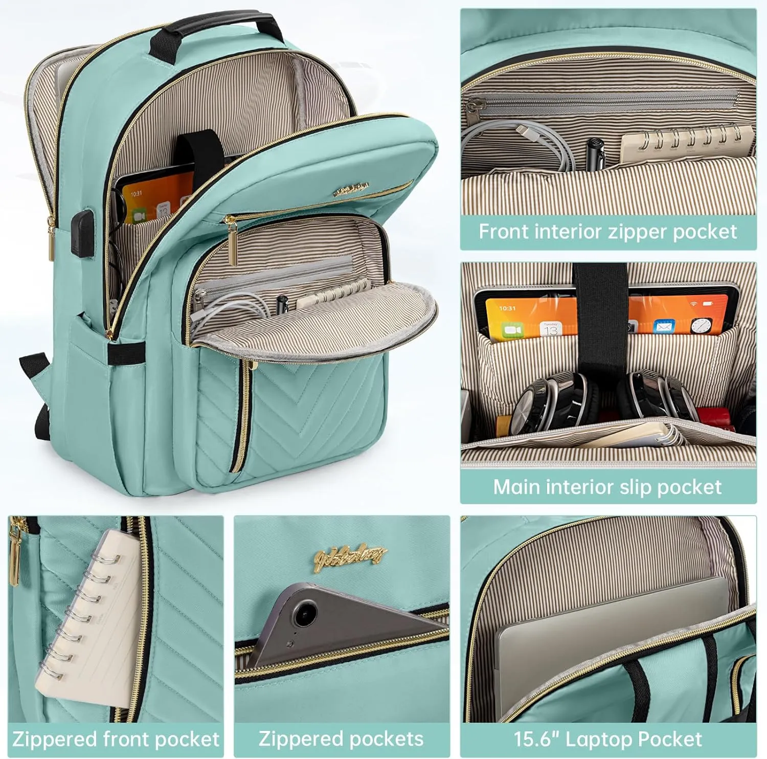 Laptop Backpack for Women, Work Travel Computer Bags, Quilted Casual Daypack with USB Port, Waterproof Computer Backpack Fit 15.6 Inch Laptop (Light Green)
