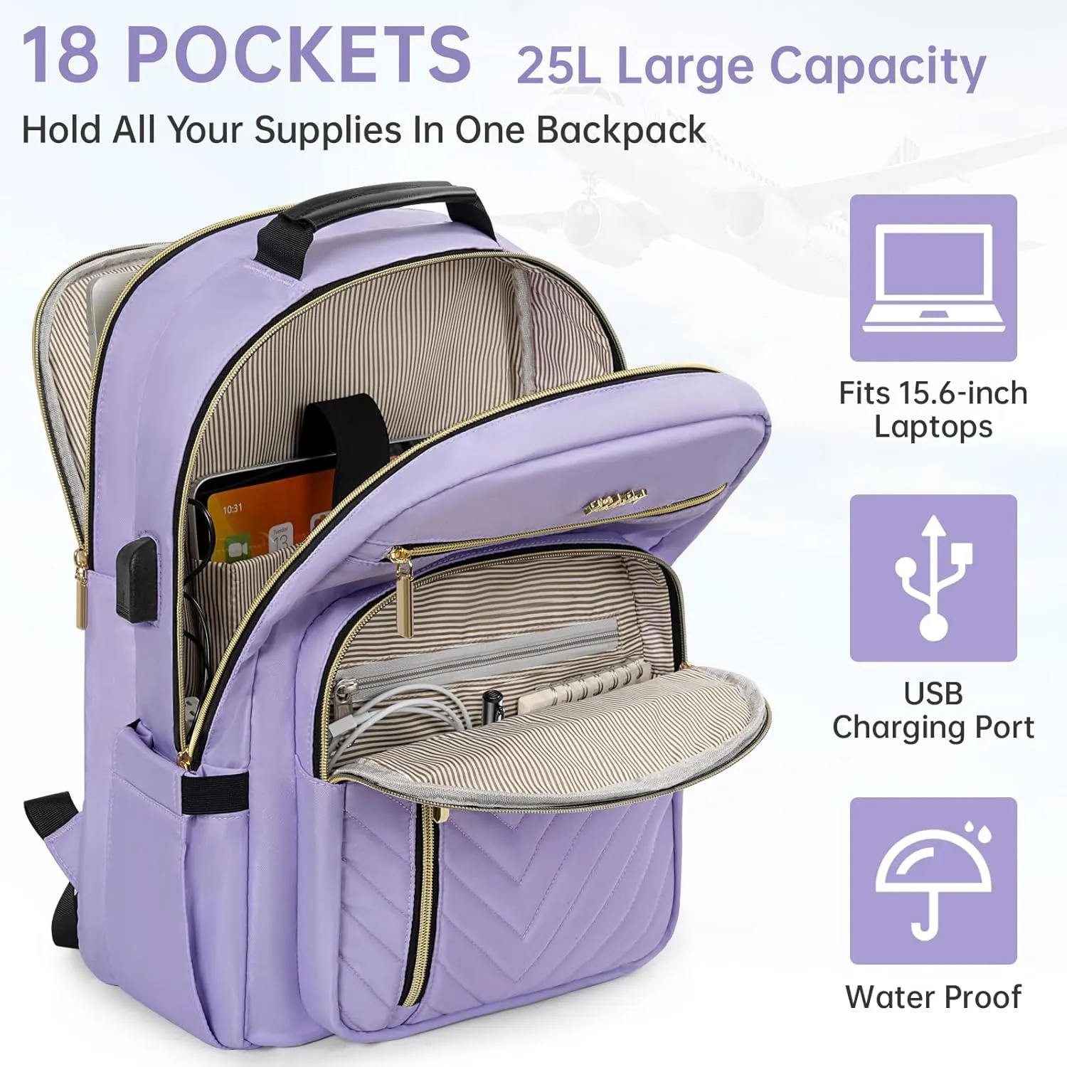 Laptop Backpack for Women, Work Travel Computer Bags, Quilted Casual Daypack with USB Port, Waterproof Computer Backpack Fit 15.6 Inch Laptop (Lilac Purple)