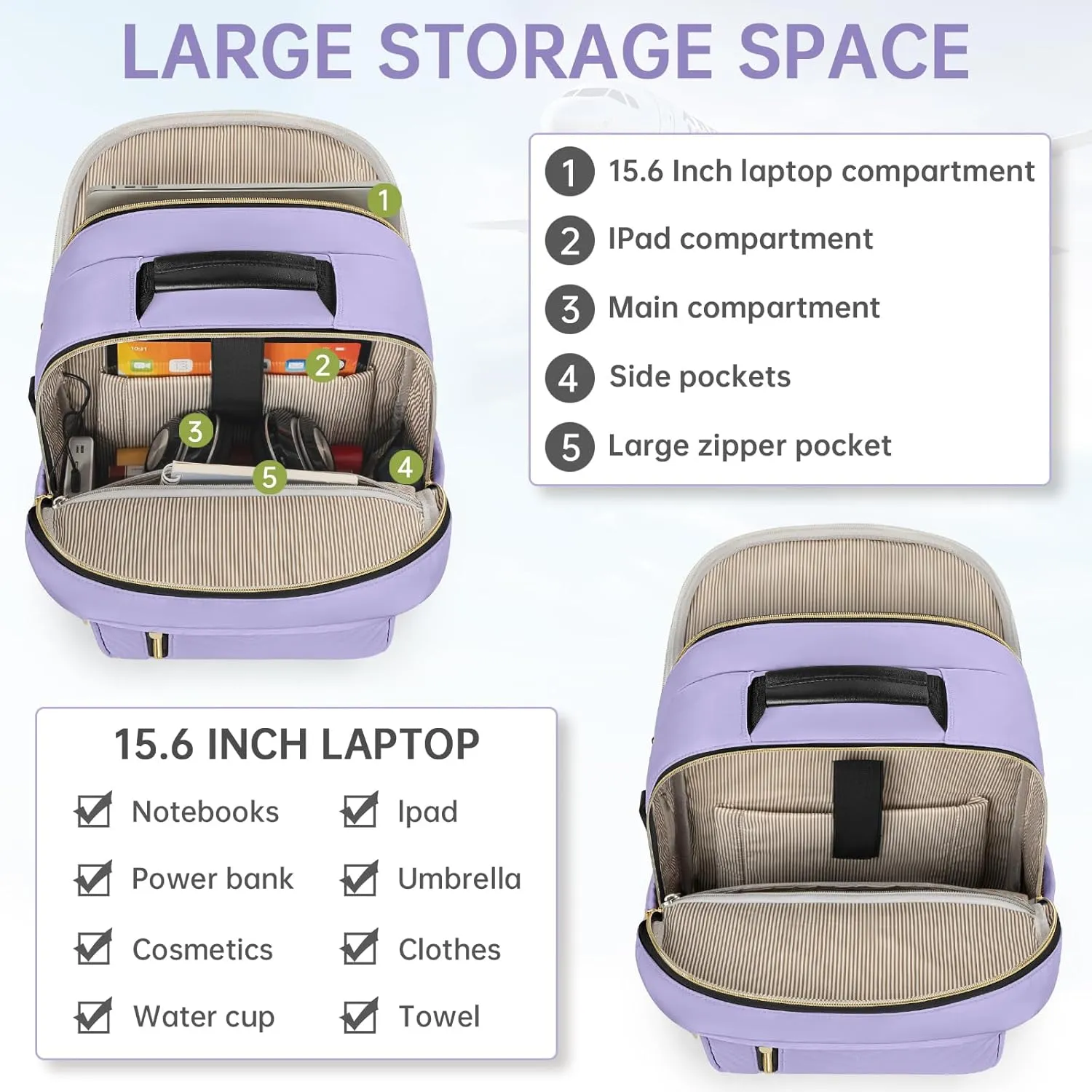 Laptop Backpack for Women, Work Travel Computer Bags, Quilted Casual Daypack with USB Port, Waterproof Computer Backpack Fit 15.6 Inch Laptop (Lilac Purple)