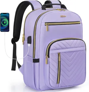 Laptop Backpack for Women, Work Travel Computer Bags, Quilted Casual Daypack with USB Port, Waterproof Computer Backpack Fit 15.6 Inch Laptop (Lilac Purple)