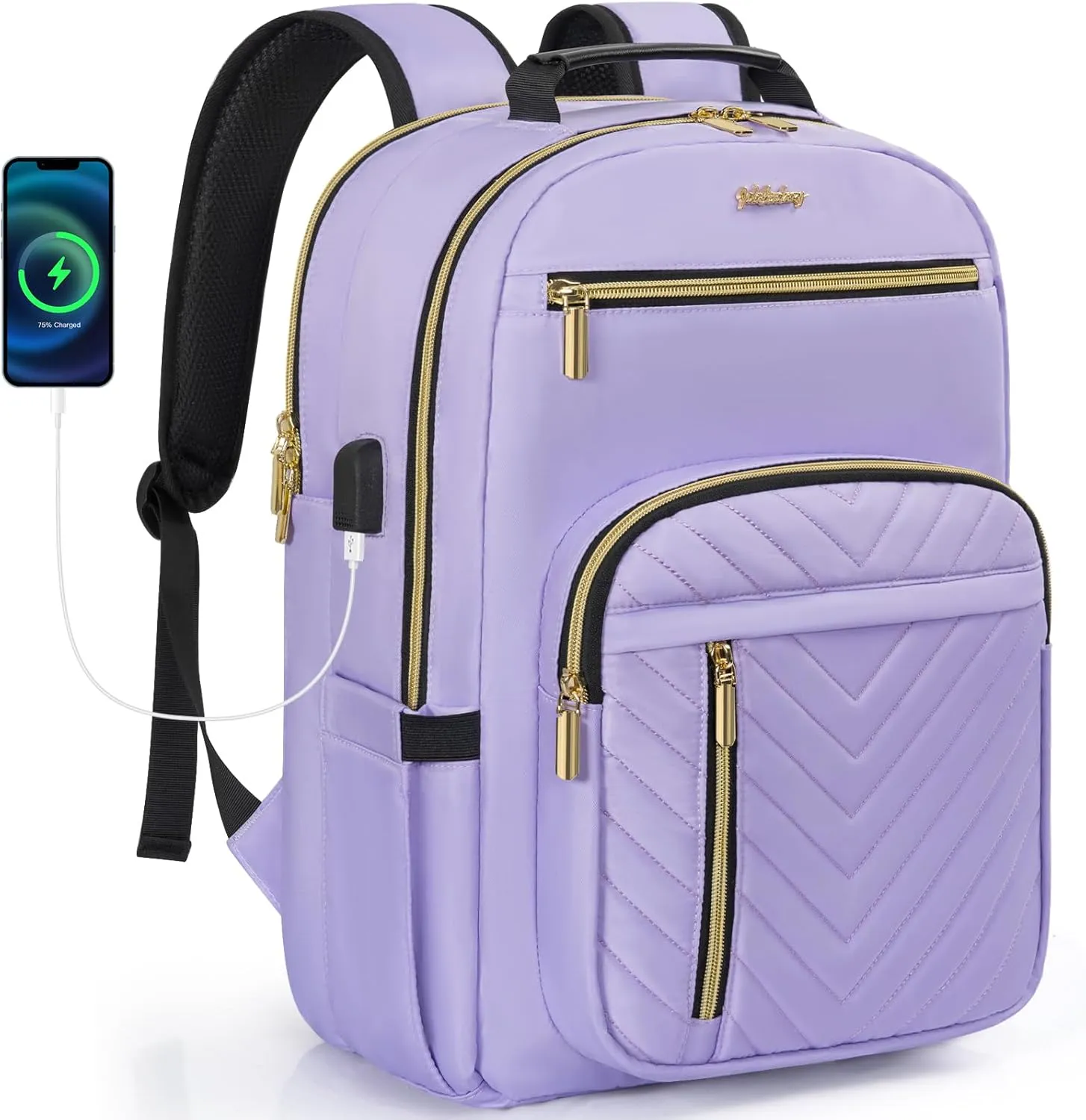 Laptop Backpack for Women, Work Travel Computer Bags, Quilted Casual Daypack with USB Port, Waterproof Computer Backpack Fit 15.6 Inch Laptop (Lilac Purple)