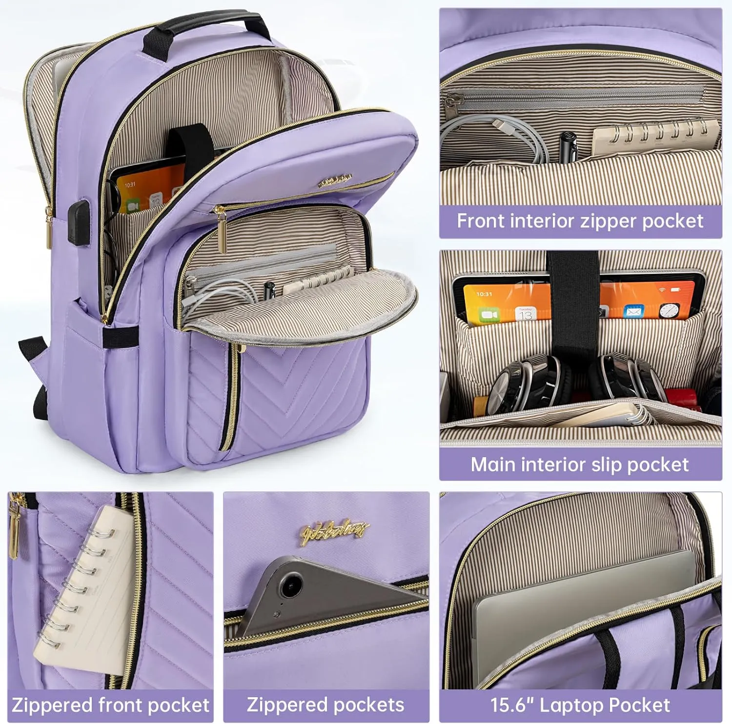 Laptop Backpack for Women, Work Travel Computer Bags, Quilted Casual Daypack with USB Port, Waterproof Computer Backpack Fit 15.6 Inch Laptop (Lilac Purple)
