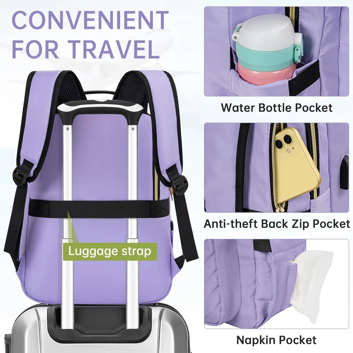 Laptop Backpack for Women, Work Travel Computer Bags, Quilted Casual Daypack with USB Port, Waterproof Computer Backpack Fit 15.6 Inch Laptop (Lilac Purple)