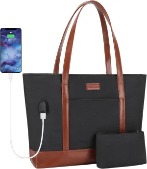 Laptop Work Tote Bag for Women: Tote Shoulder Bag for 15.6 Inch Computer, Extra Large Bag for School, Party, Travel, Bonus Small Cosmetic Bag (Black)