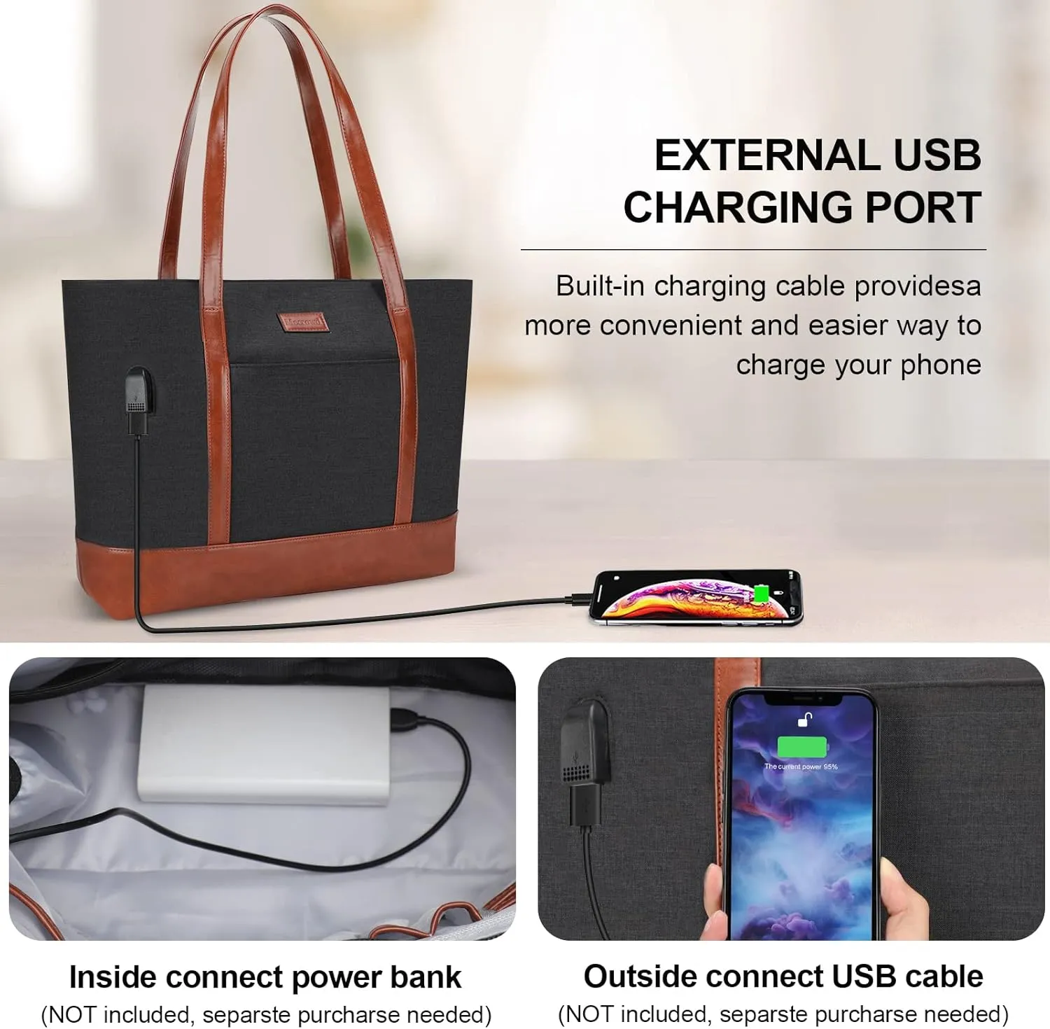 Laptop Work Tote Bag for Women: Tote Shoulder Bag for 15.6 Inch Computer, Extra Large Bag for School, Party, Travel, Bonus Small Cosmetic Bag (Black)