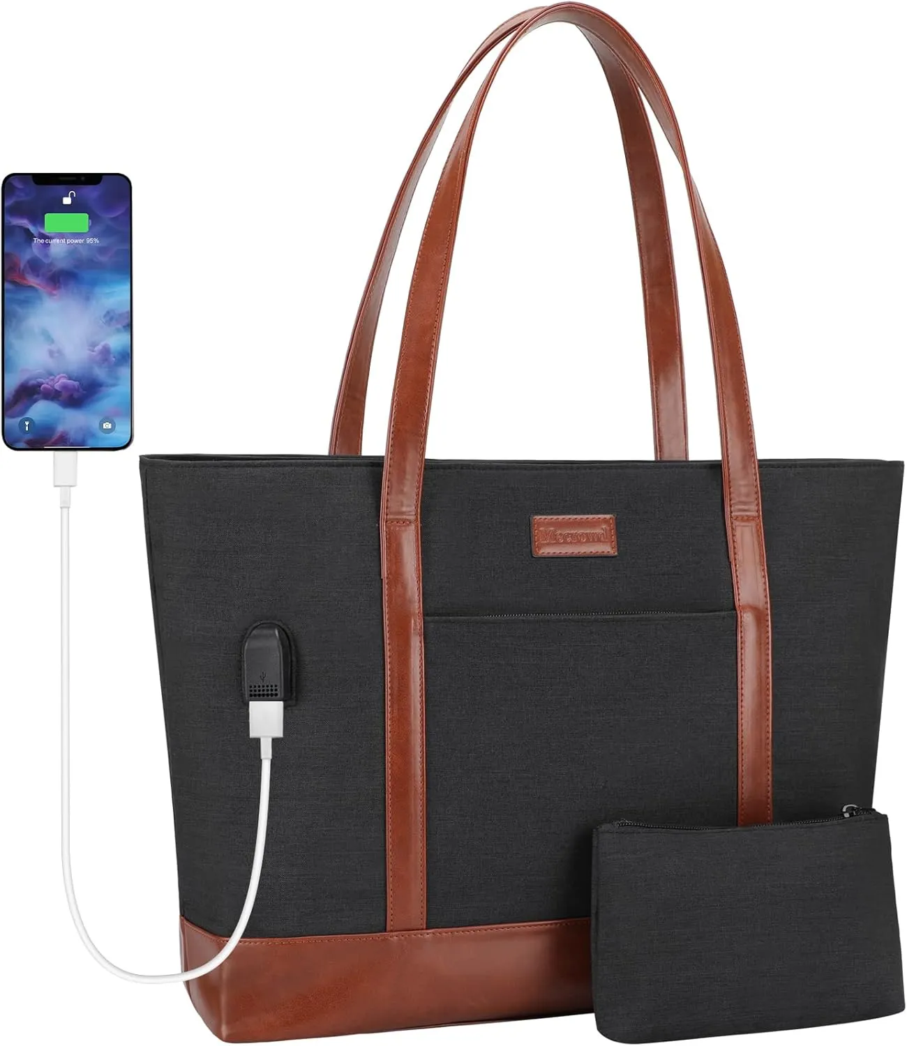 Laptop Work Tote Bag for Women: Tote Shoulder Bag for 15.6 Inch Computer, Extra Large Bag for School, Party, Travel, Bonus Small Cosmetic Bag (Black)