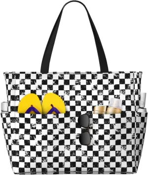 Large Beach Bags Water-resistant Sandproof - Creative checkered black white Cute Beach Tote Bags for Women with Zipper