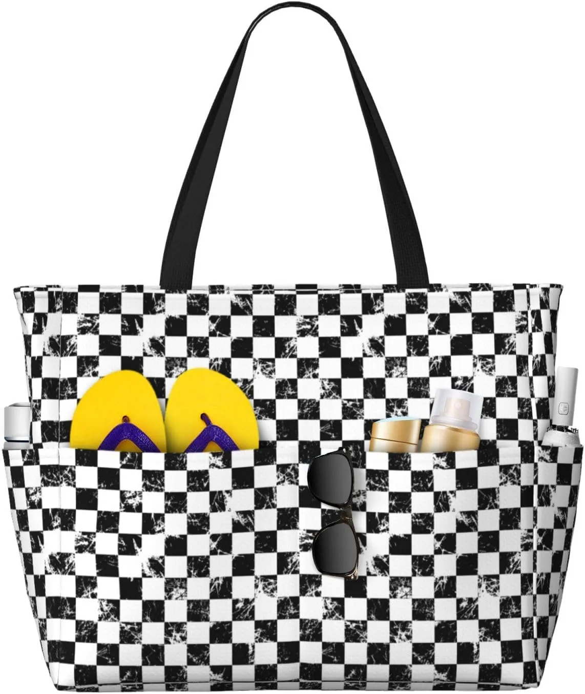 Large Beach Bags Water-resistant Sandproof - Creative checkered black white Cute Beach Tote Bags for Women with Zipper