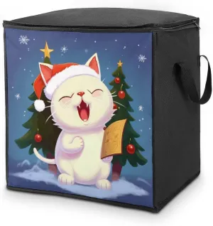 Large Capacity Clothes Storage Organizer,Cute Cat Sing Christmas Carols Print Quilt Storage Bag,clothes Storage Bins with Lids And Handle