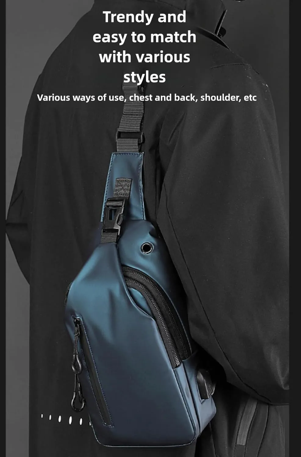 Large-capacity multi-compartment storage bag, portable outdoor shoulder bag, equipped with headphones and a USB charging port. (Dark blue earphones, charging double-layer zipper model)