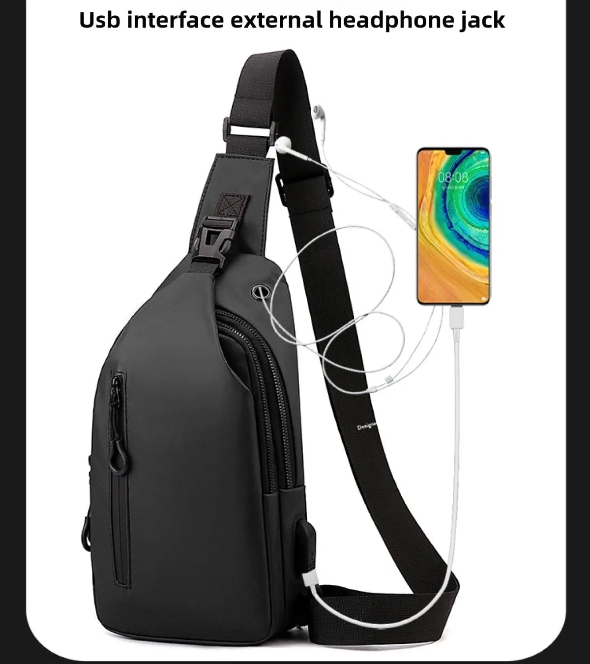 Large-capacity multi-compartment storage bag, portable outdoor shoulder bag, equipped with headphones and a USB charging port. (Dark blue earphones, charging double-layer zipper model)