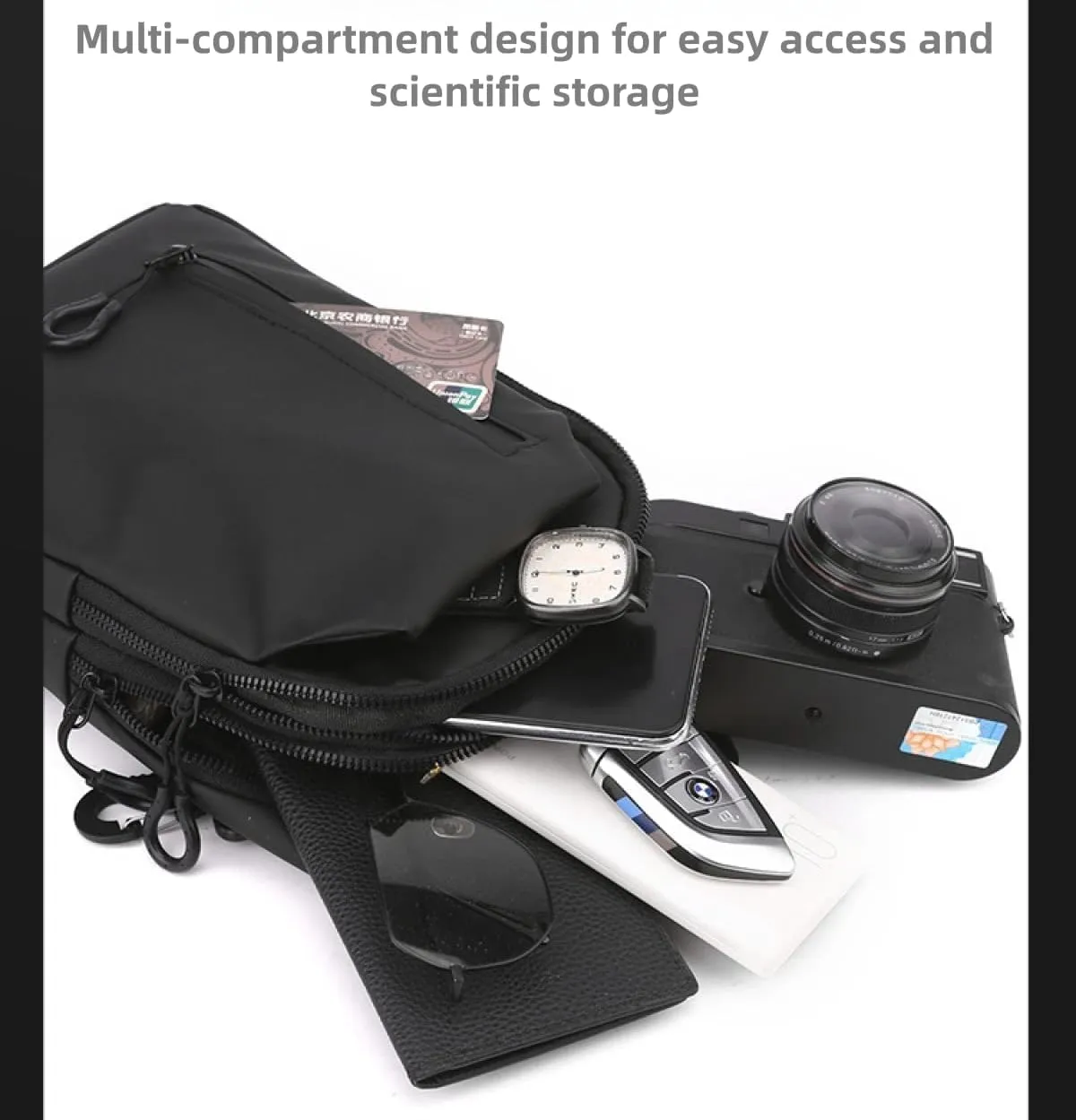 Large-capacity multi-compartment storage bag, portable outdoor shoulder bag, equipped with headphones and a USB charging port. (Dark blue earphones, charging double-layer zipper model)