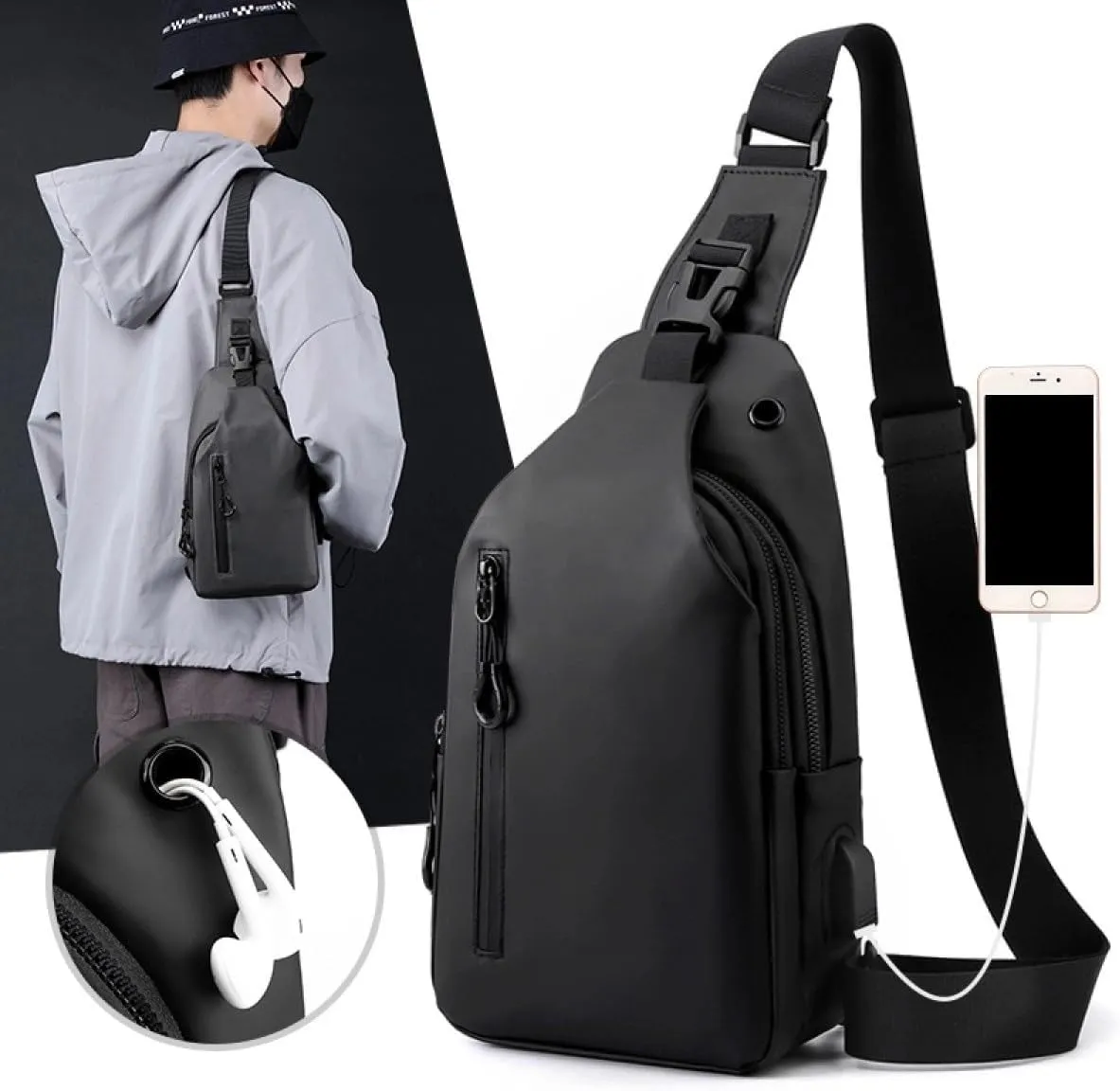 Large-capacity multi-compartment storage bag, portable outdoor shoulder bag, equipped with headphones and a USB charging port. (Dark blue earphones, charging double-layer zipper model)