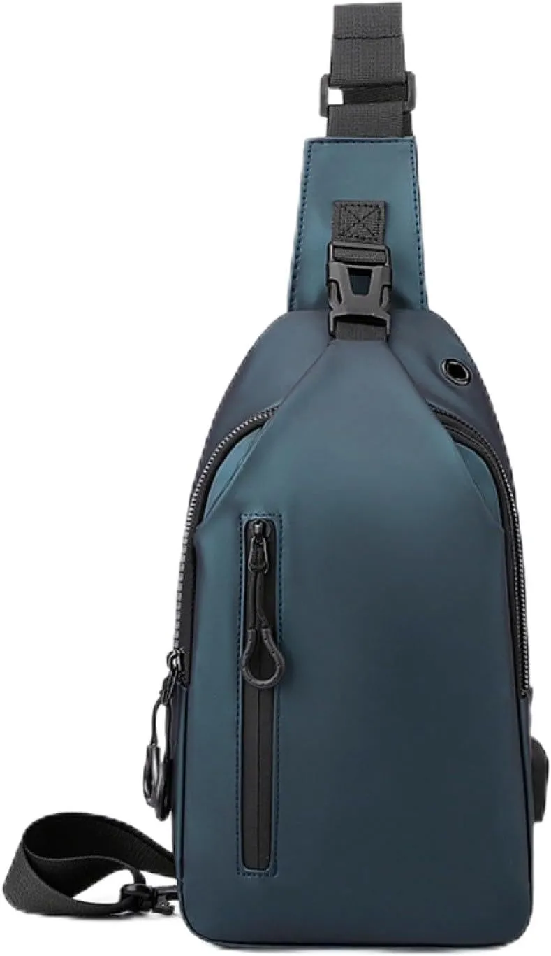 Large-capacity multi-compartment storage bag, portable outdoor shoulder bag, equipped with headphones and a USB charging port. (Dark blue earphones, charging double-layer zipper model)