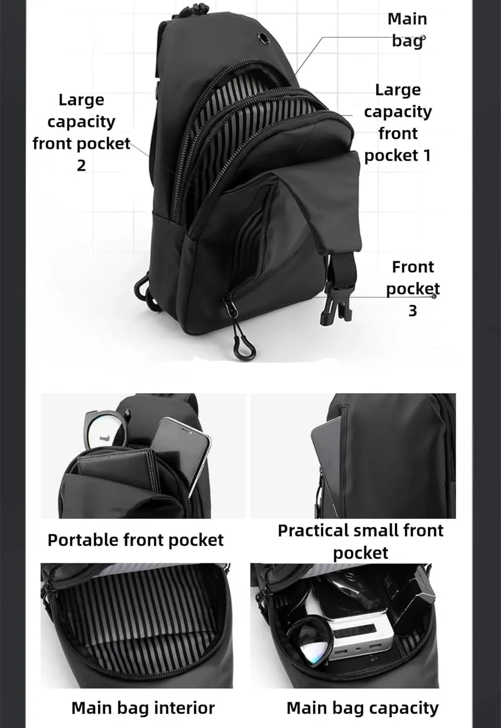 Large-capacity multi-compartment storage bag, portable outdoor shoulder bag, equipped with headphones and a USB charging port. (Dark blue earphones, charging double-layer zipper model)